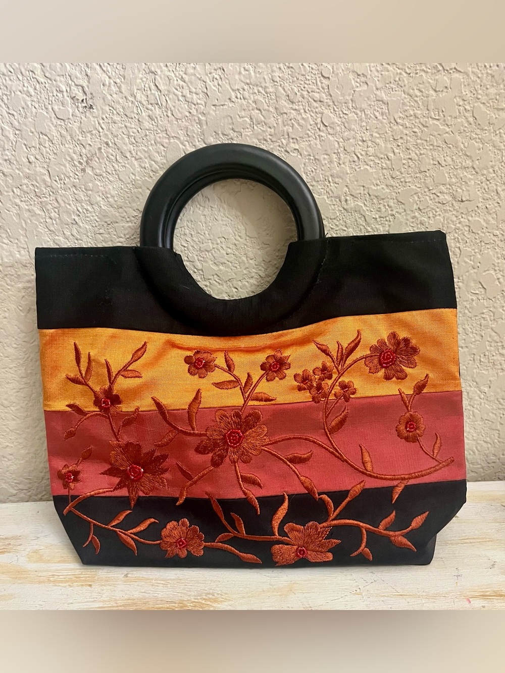 Asian Styled Silk Embroidered Floral Striped Tote Bag in Black, Orange & Rose